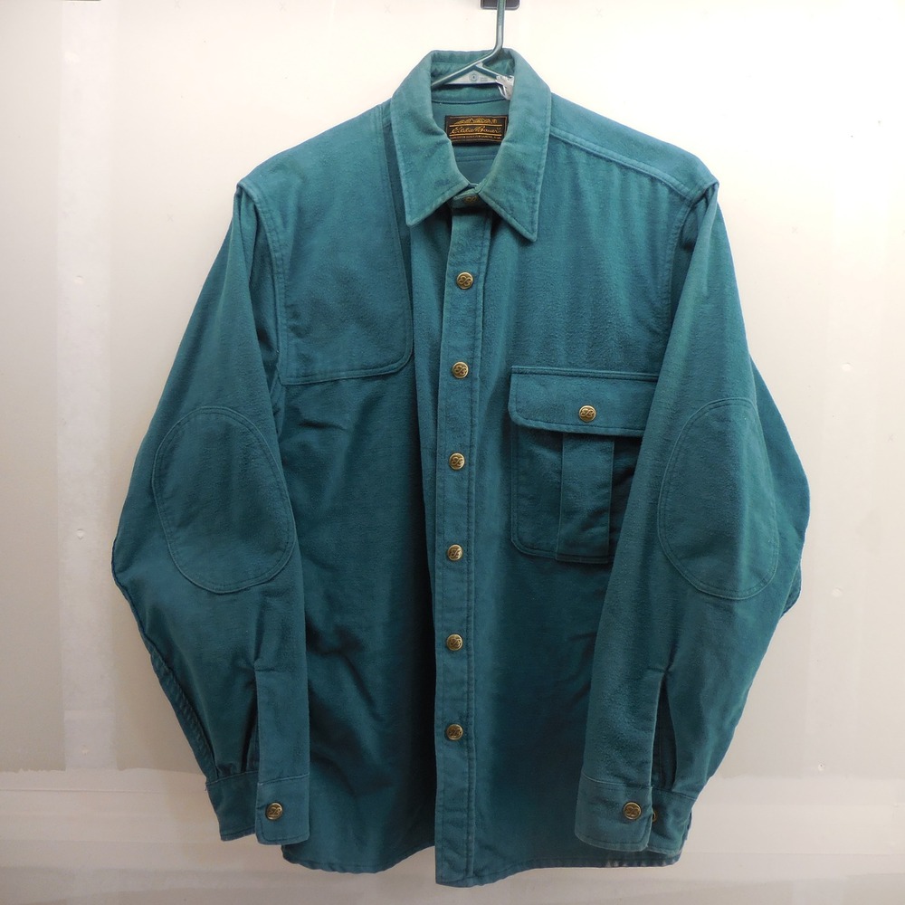 VTG Eddie Bauer Green Chamois Shooting Hunting Shirt Elbow Patches Mens L